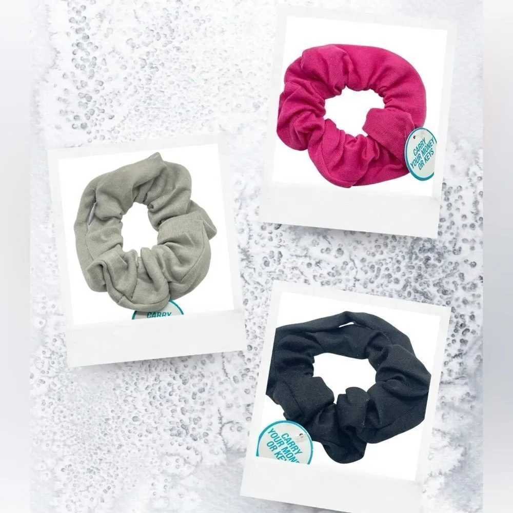 Zipper Pocket Scrunchie – Pink, Black or Grey Pocket Hair Tie for Women & Teens